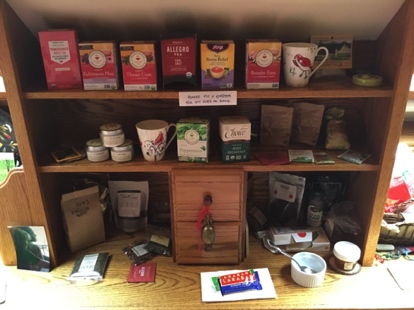 We love tea! Anytime you visit, we will have a about 10 or 12 varieties of both loose leaf and bagged teas, plus hot chocolate. You'll find herbal, green, white, oolong, black and other delicious and healthy teas here...
